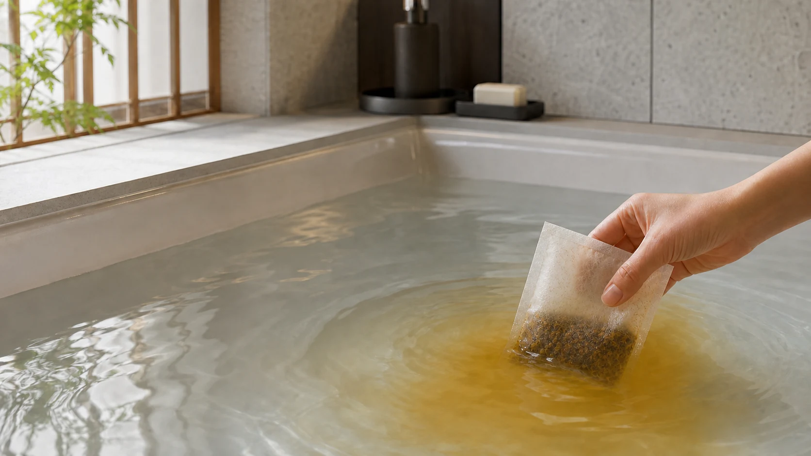 湯船の中で生薬袋をやさしくもみ、自然な色が広がる使用イメージ
