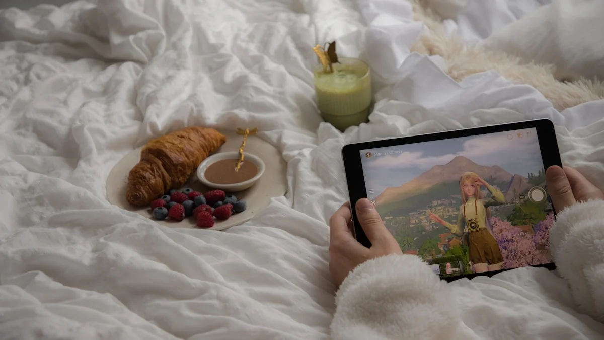 illustration of a woman cozily sitting in bed, holding a warm mug, soft glowing light, botanical design elements, calming aesthetic