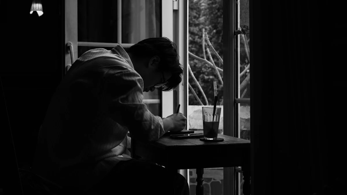 aesthetic side view of a person wrapped in a soft blanket drinking tea near a foggy window, warm and calm tone, photo style